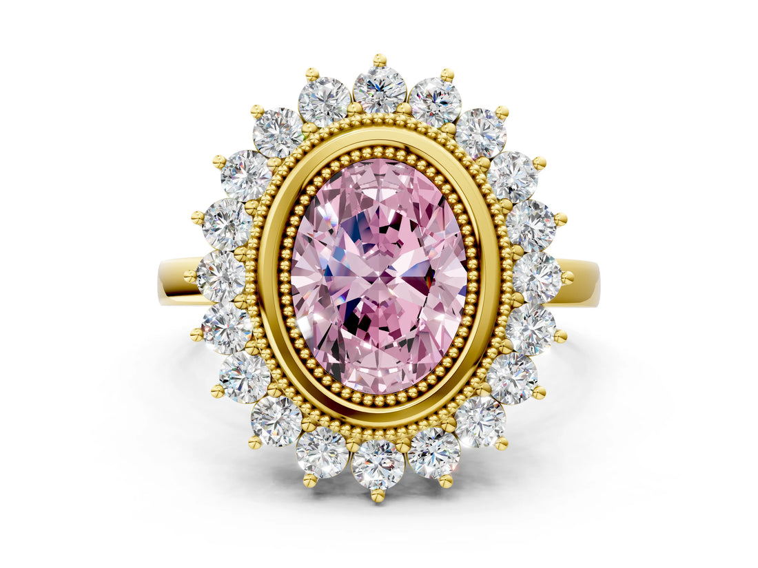 Yellow gold Fancy Pink Oval  Halo Diamond Ring with Milgrain Edge and Round Prong Setting_26