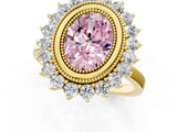 Yellow gold Fancy Pink Oval  Halo Diamond Ring with Milgrain Edge and Round Prong Setting_27