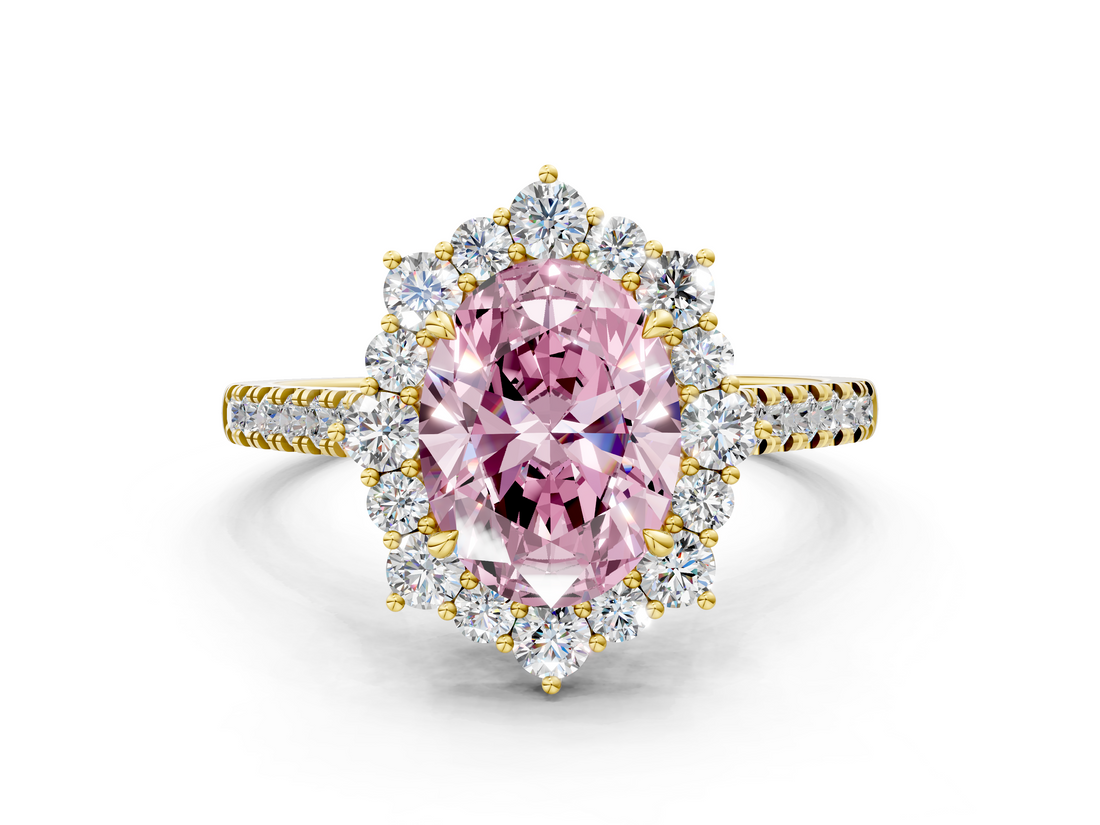 Yellow gold Fancy Pink Oval  Halo Diamond Ring with Pavé Band and Prong Setting_37