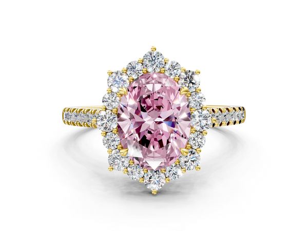 Yellow gold Fancy Pink Oval  Halo Diamond Ring with Pavé Band and Prong Setting