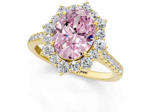 Yellow gold Fancy Pink Oval  Halo Diamond Ring with Pavé Band and Prong Setting
