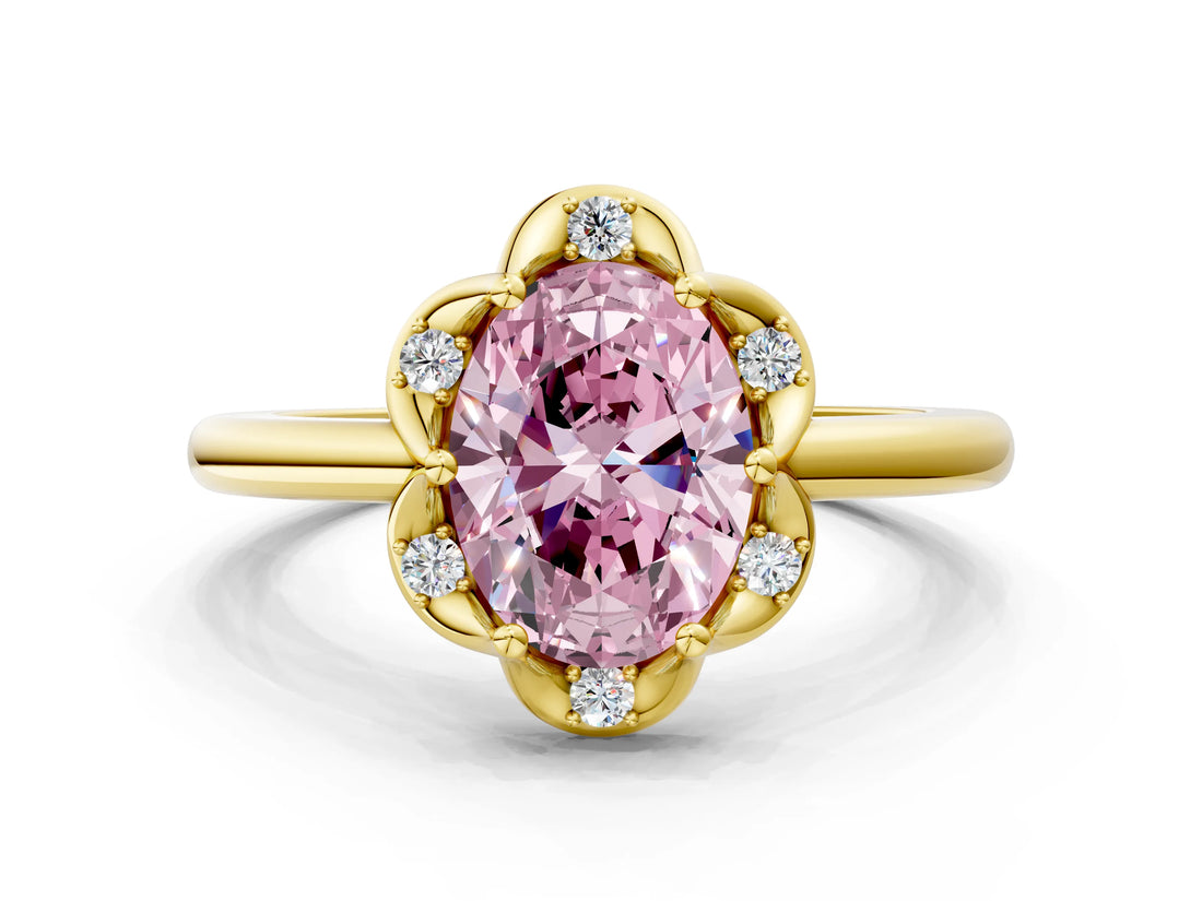 Yellow gold Fancy Pink Oval  Halo Diamond Ring with Round Cluster Setting, Solitaire Band, and Four-Prong Setting_49