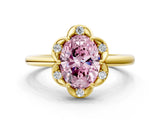 Yellow gold Fancy Pink Oval  Halo Diamond Ring with Round Cluster Setting, Solitaire Band, and Four-Prong Setting_49