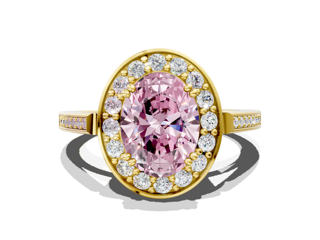 Yellow gold Fancy Pink Oval  Halo Diamond Ring with Split Shank and Four-Prong Setting_61