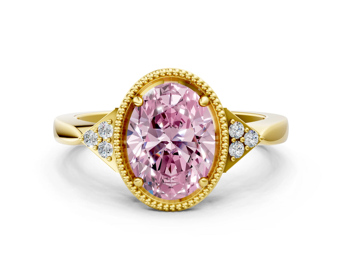 Yellow gold Fancy Pink Oval  Halo Diamond Ring with Tapered Band and Four-Prong Setting_7