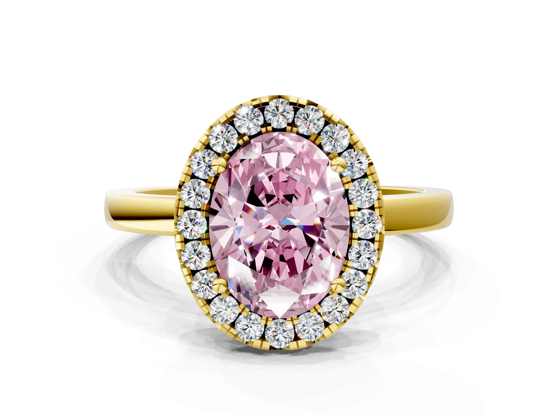 Yellow gold Fancy Pink Oval  Halo Diamond Solitaire with Pavé Band and Four-Prong Setting_71