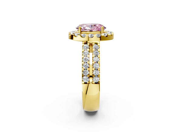 Yellow gold Fancy Pink Oval  Halo Diamond Split Shank Engagement Ring with Prong Setting
