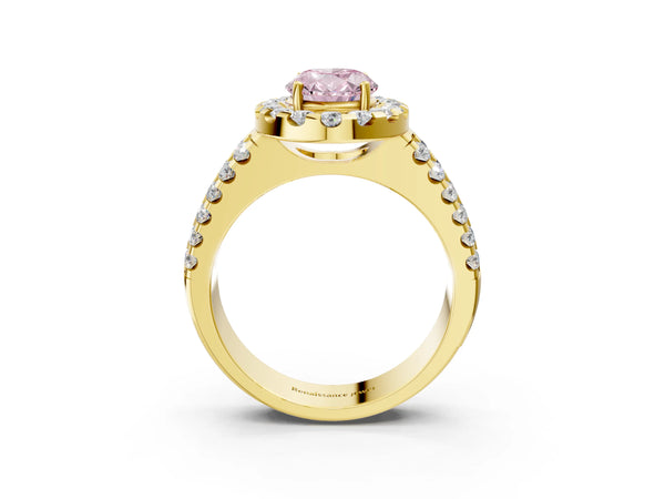 Yellow gold Fancy Pink Oval  Halo Diamond Split Shank Engagement Ring with Prong Setting