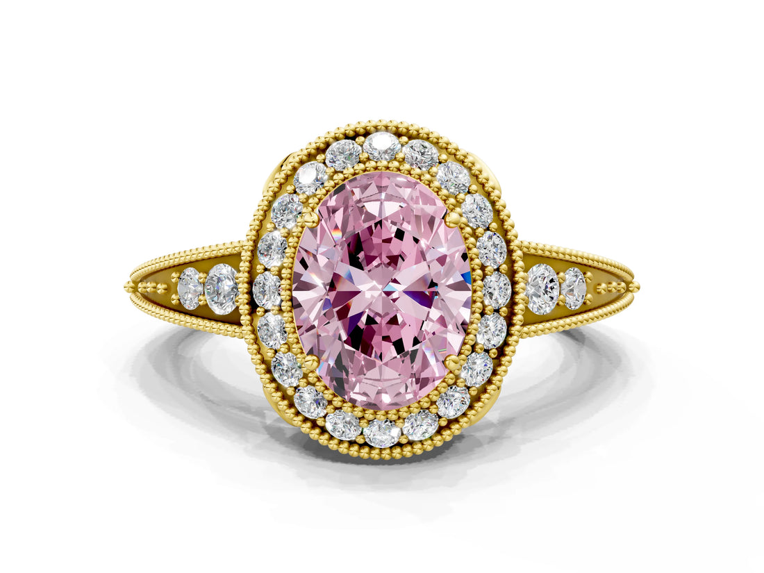 Yellow gold Fancy Pink Oval  Halo Diamond Split Shank Ring with Milgrain Detail_49