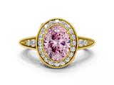 Yellow gold Fancy Pink Oval  Halo Diamond Split Shank Ring with Milgrain Detail_49