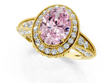 Yellow gold Fancy Pink Oval  Halo Diamond Split Shank Ring with Milgrain Detail_50