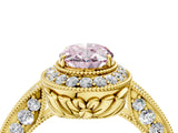 Yellow gold Fancy Pink Oval  Halo Diamond Split Shank Ring with Milgrain Detail_53