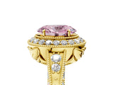 Yellow gold Fancy Pink Oval  Halo Diamond Split Shank Ring with Milgrain Detail_54
