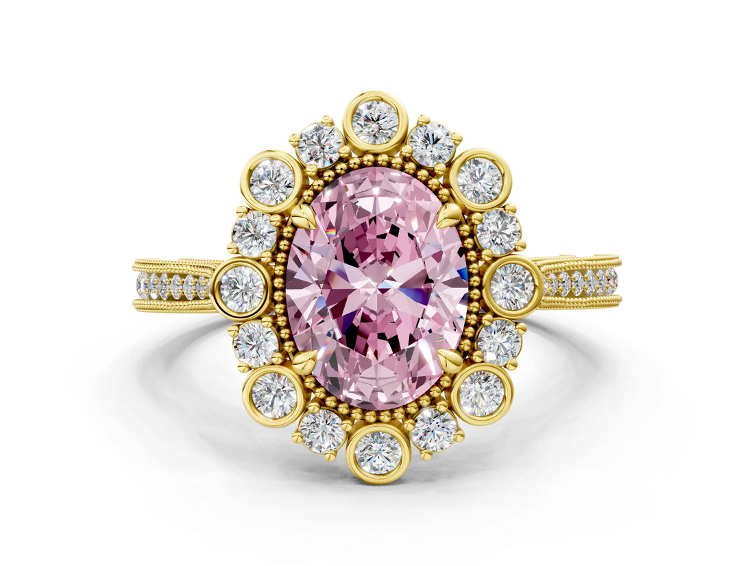 Yellow gold Fancy Pink Oval  Halo Milgrain Pave Diamond Ring with Four-Prong Setting 1