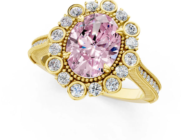 Yellow gold Fancy Pink Oval  Halo Milgrain Pave Diamond Ring with Four-Prong Setting