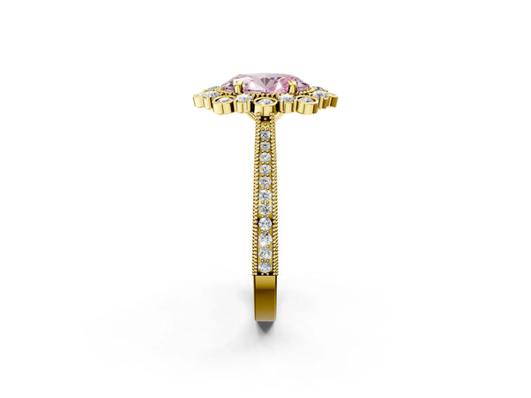 Yellow gold Fancy Pink Oval  Halo Milgrain Pave Diamond Ring with Four-Prong Setting