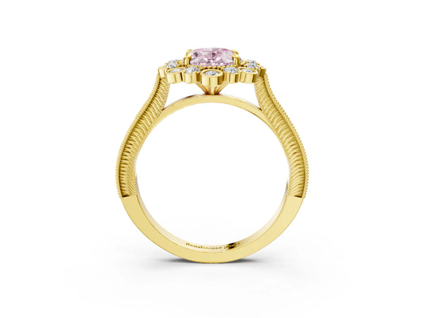 Yellow gold Fancy Pink Oval  Halo Milgrain Pave Diamond Ring with Four-Prong Setting
