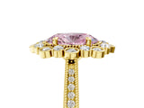Yellow gold Fancy Pink Oval  Halo Milgrain Pave Diamond Ring with Four-Prong Setting