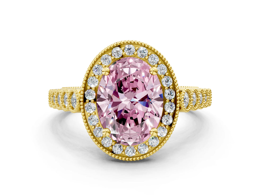 Yellow gold Fancy Pink Oval  Halo Milgrain Solitaire with Bezel Set Side Stones and Pave Band_32