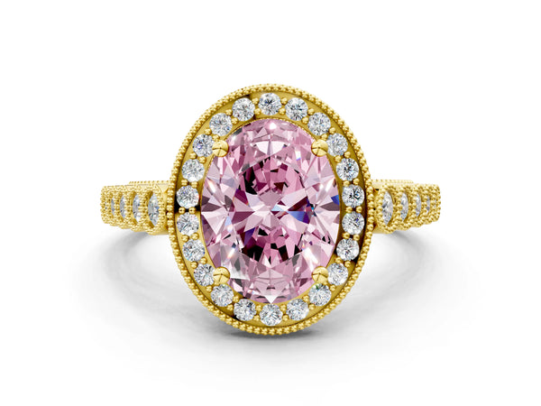 Yellow gold Fancy Pink Oval  Halo Milgrain Solitaire with Bezel Set Side Stones and Pave Band