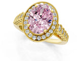 Yellow gold Fancy Pink Oval  Halo Milgrain Solitaire with Bezel Set Side Stones and Pave Band_33
