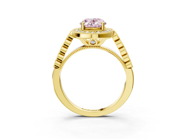 Yellow gold Fancy Pink Oval  Halo Milgrain Solitaire with Bezel Set Side Stones and Pave Band