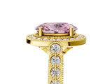 Yellow gold Fancy Pink Oval  Halo Milgrain Solitaire with Bezel Set Side Stones and Pave Band_37