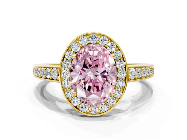 Yellow gold Fancy Pink Oval  Halo Pavé Diamond Engagement Ring with Bezel Setting