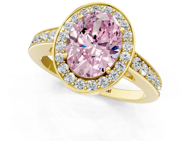 Yellow gold Fancy Pink Oval  Halo Pavé Diamond Engagement Ring with Bezel Setting