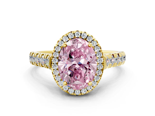 Yellow gold Fancy Pink Oval  Halo Pavé Diamond Engagement Ring with Four-Prong Setting