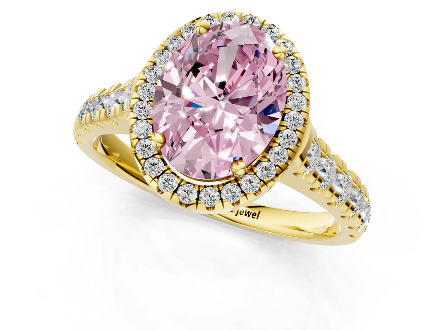 Yellow gold Fancy Pink Oval  Halo Pavé Diamond Engagement Ring with Four-Prong Setting