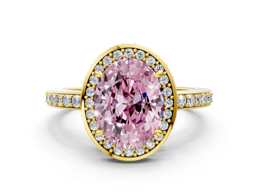 Yellow gold Fancy Pink Oval  Halo Pave Band Solitaire Ring with Prong Setting_66