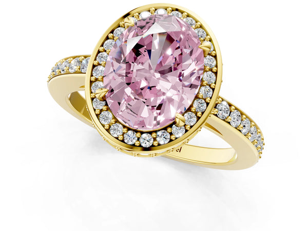 Yellow gold Fancy Pink Oval  Halo Pave Band Solitaire Ring with Prong Setting