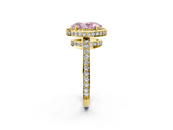 Yellow gold Fancy Pink Oval  Halo Pave Band Solitaire Ring with Prong Setting