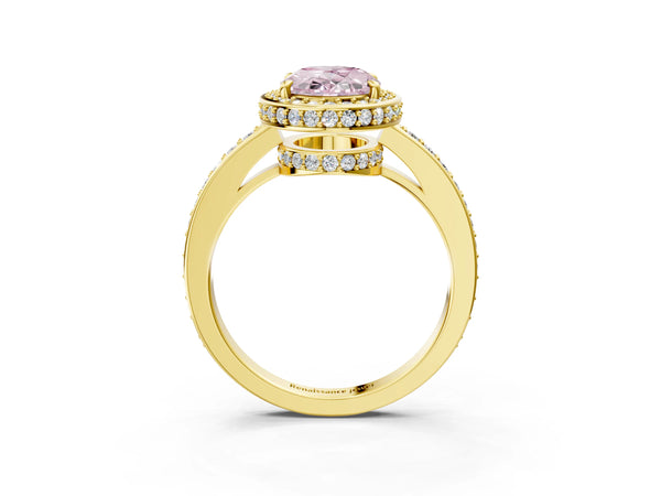 Yellow gold Fancy Pink Oval  Halo Pave Band Solitaire Ring with Prong Setting
