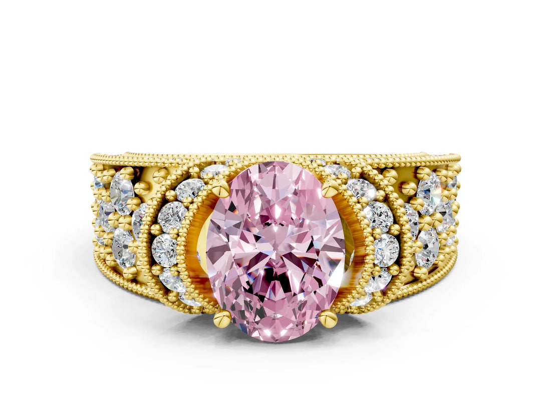 Yellow gold Fancy Pink Oval  Halo Pave Diamond Engagement Ring with Milgrain Detailing_49
