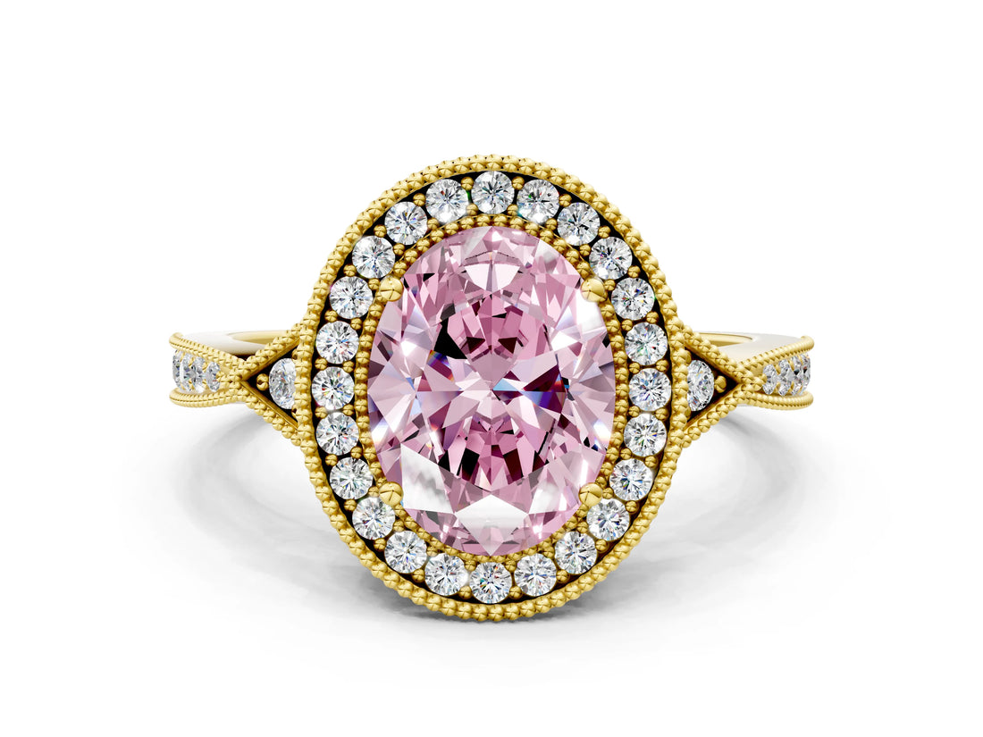 Yellow gold Fancy Pink Oval  Halo Round Diamond Milgrain Pave Engagement Ring_3