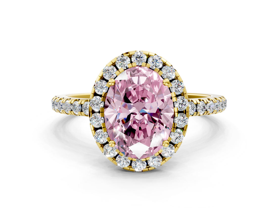 Yellow gold Fancy Pink Oval  Halo Round Diamond Pavé Band Four-Prong Ring_3