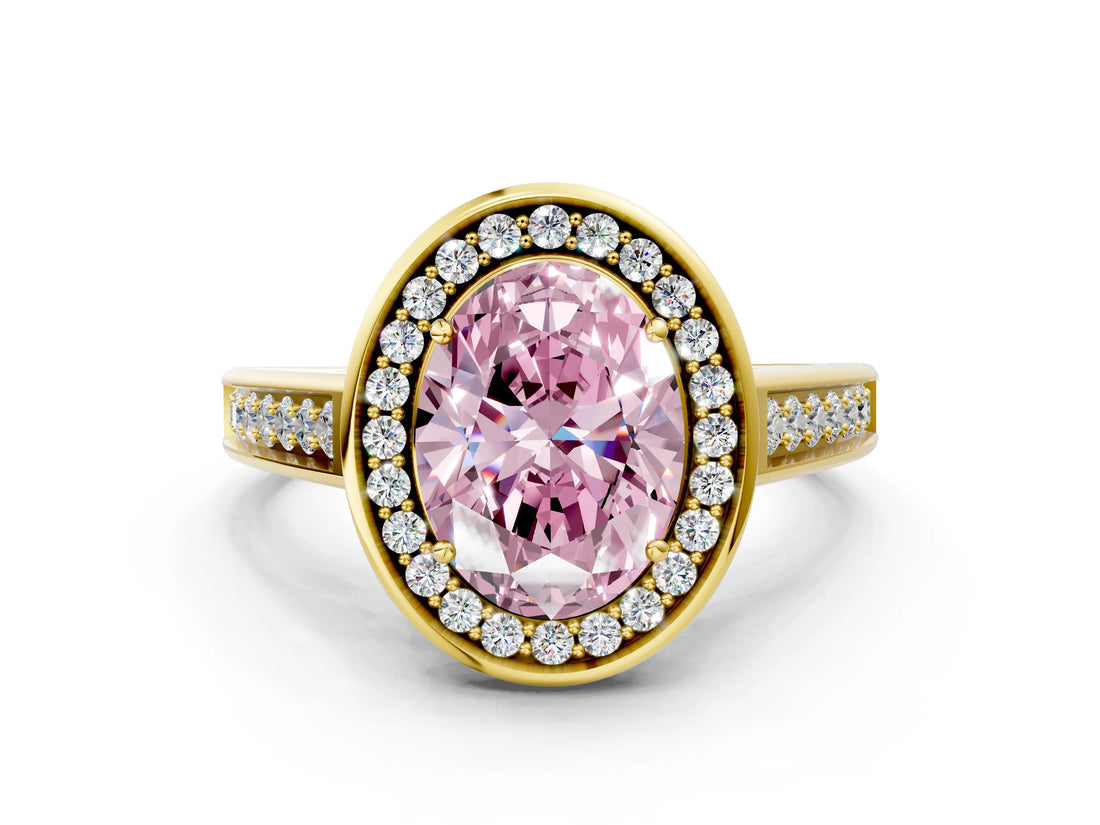 Yellow gold Fancy Pink Oval  Halo Solitaire Diamond Ring with Pave Band and Bezel Setting_47