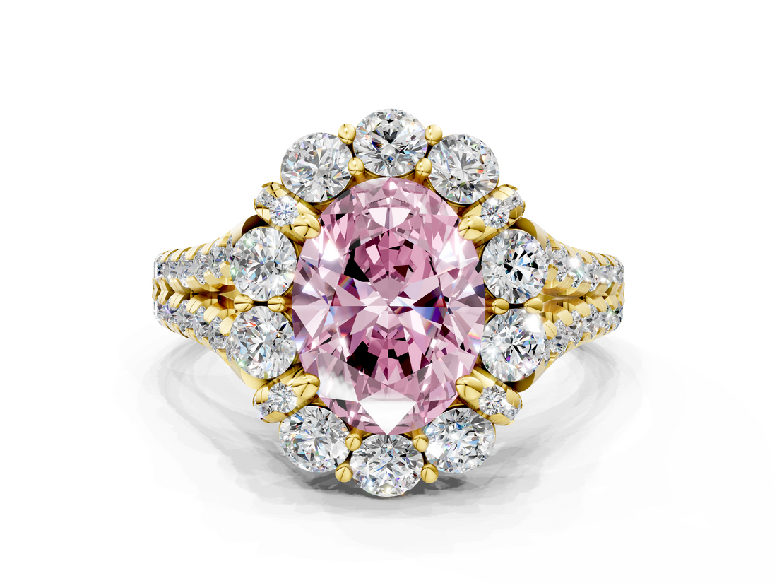 Yellow gold Fancy Pink Oval  Halo Split Shank Diamond Engagement Ring with Pave Band and Four-Prong Setting_54