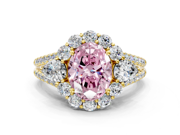Yellow gold Fancy Pink Oval  Halo Split Shank Diamond Engagement Ring with Prong Setting
