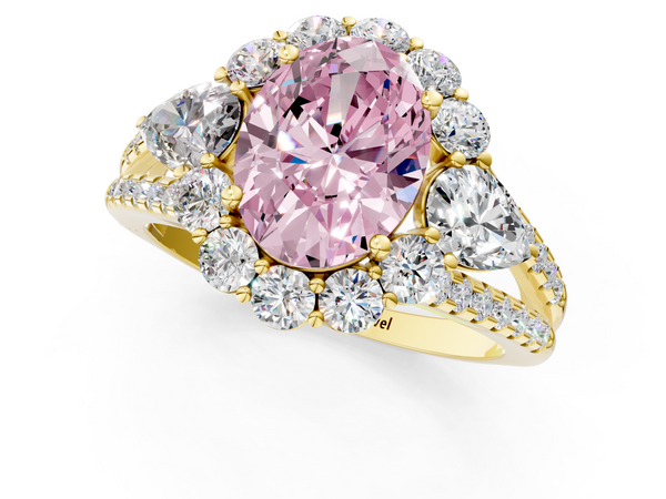 Yellow gold Fancy Pink Oval  Halo Split Shank Diamond Engagement Ring with Prong Setting