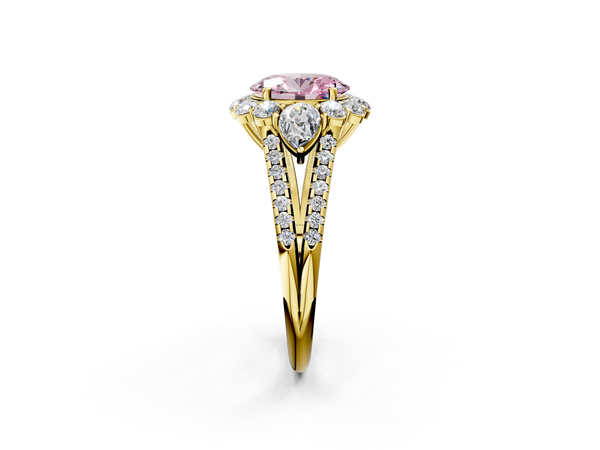 Yellow gold Fancy Pink Oval  Halo Split Shank Diamond Engagement Ring with Prong Setting