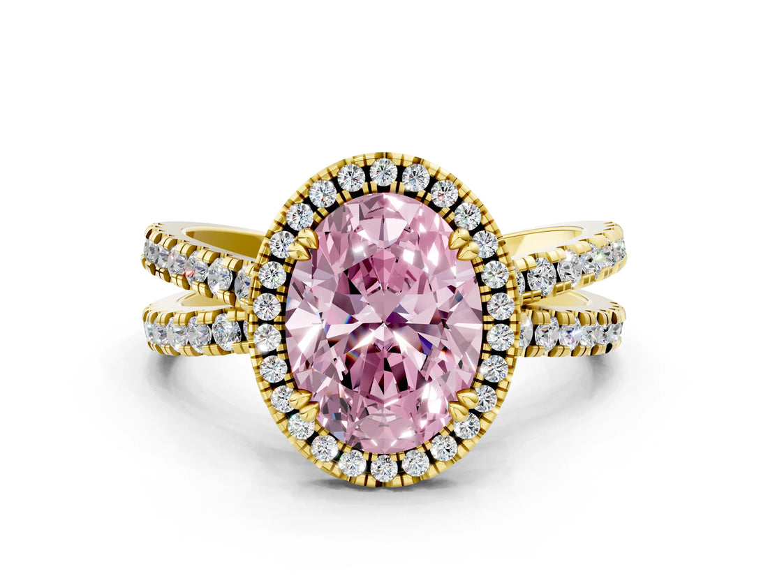 Yellow gold Fancy Pink Oval  Halo Split Shank Diamond Ring with Pavé Setting_26