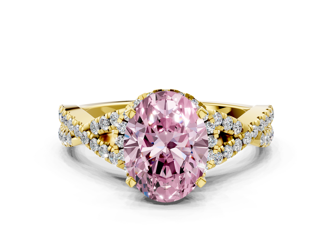 Yellow gold Fancy Pink Oval  Halo Twist Band Solitaire Prong Setting Ring_81