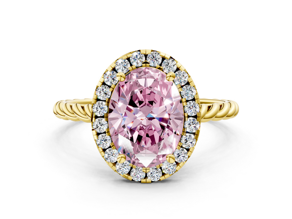 Yellow gold Fancy Pink Oval  Halo Twisted Band Four-Prong Diamond Ring