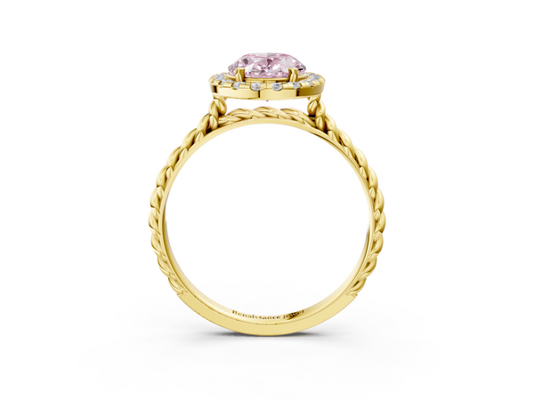 Yellow gold Fancy Pink Oval  Halo Twisted Band Four-Prong Diamond Ring