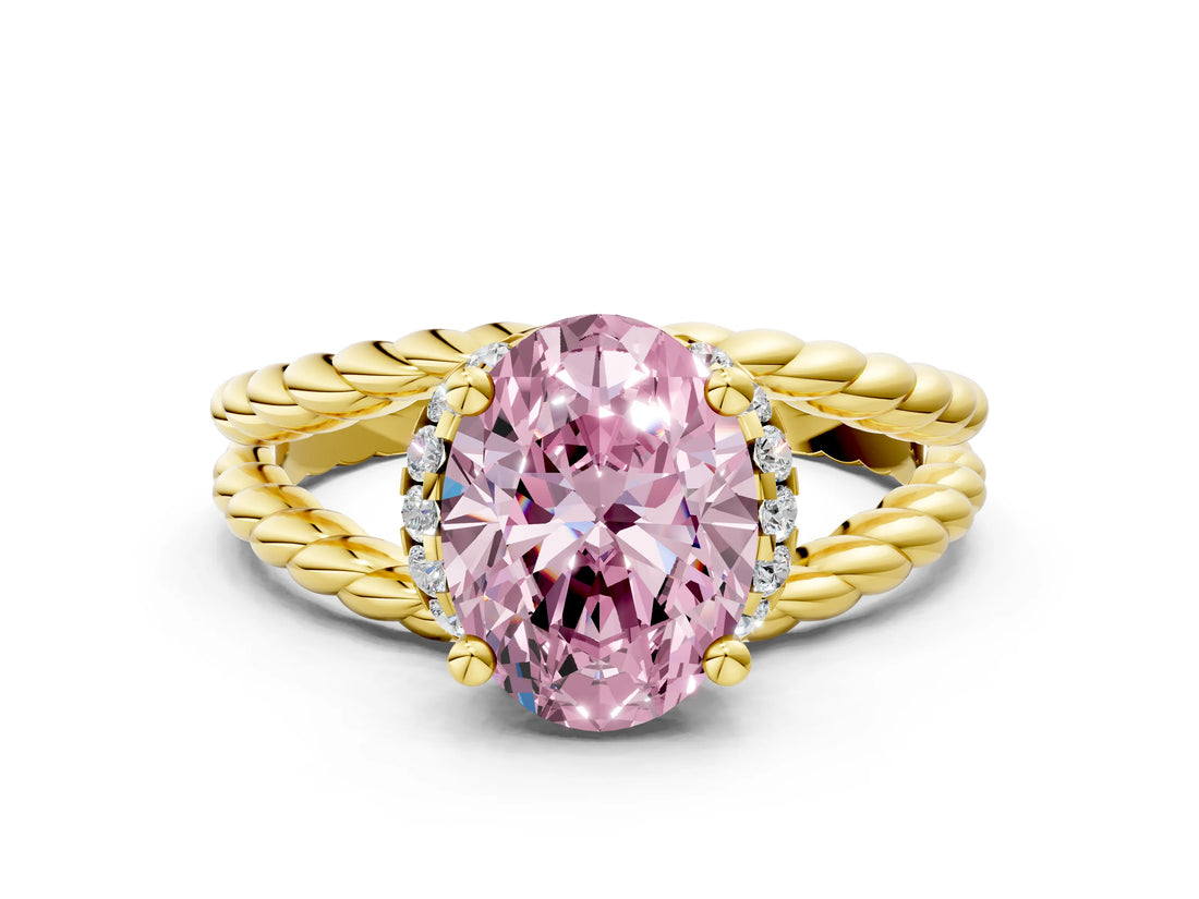 Yellow gold Fancy Pink Oval  Halo Twisted Band Four-Prong Ring_32