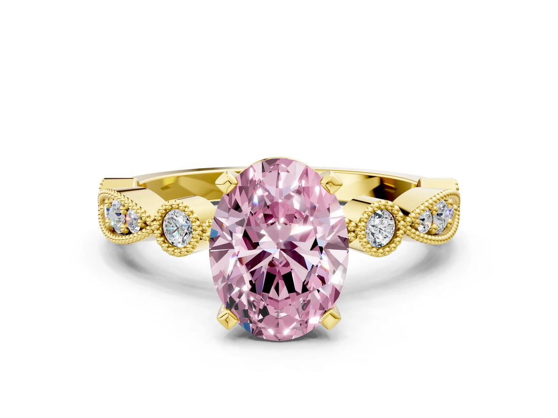 Yellow gold Fancy Pink Oval  Milgrain Bezel Diamond Engagement Ring with Solitaire Prong Setting_141