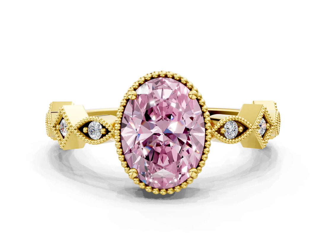 Yellow gold Fancy Pink Oval  Milgrain Marquise Diamond Twist Band Ring_62